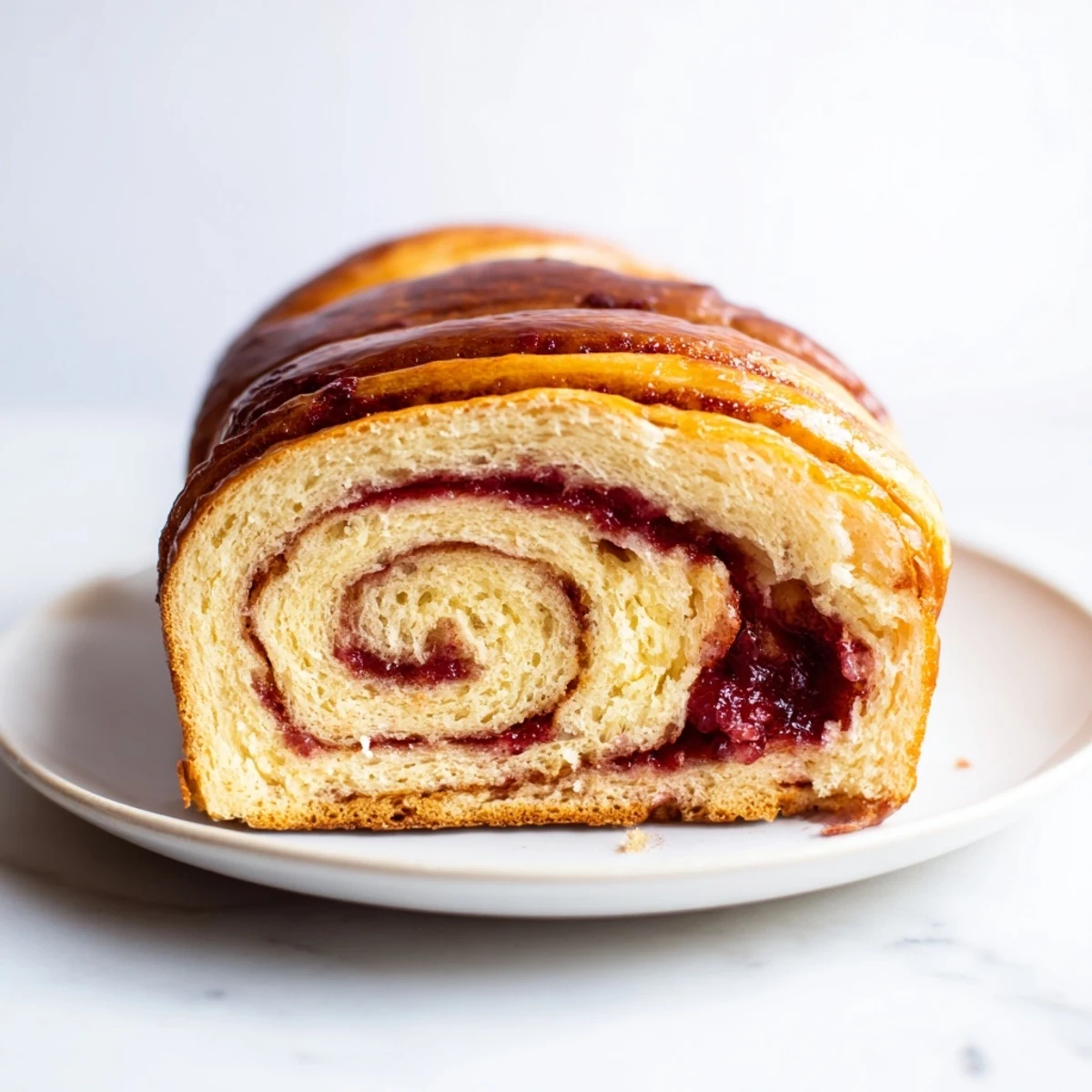 Golden-brown Raspberry Swirl Brioche Loaf sliced on a wooden cutting board, revealing a beautiful pink swirl inside.