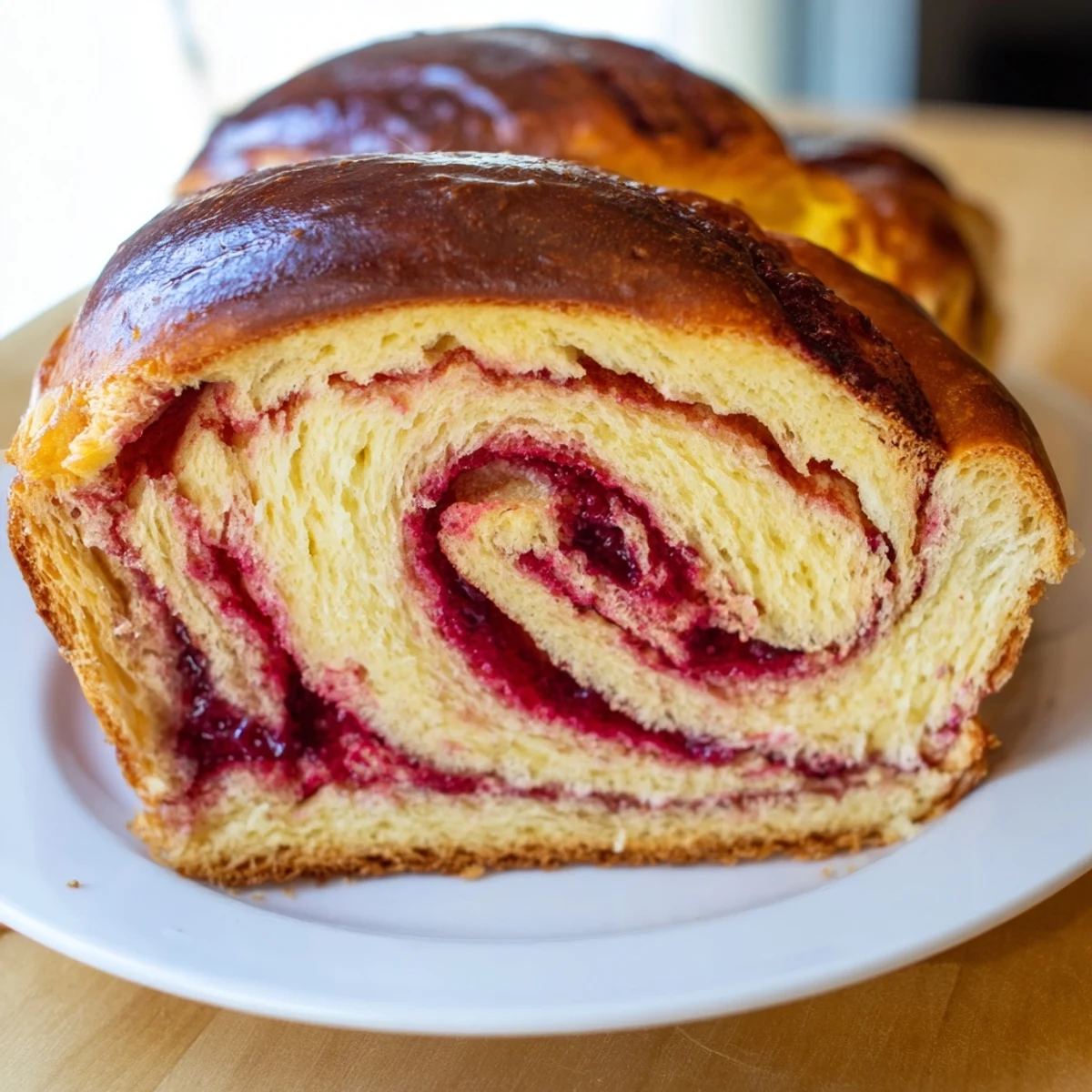 Freshly baked Raspberry Swirl Brioche Loaf plated with a dollop of whipped cream and a hot cup of coffee.