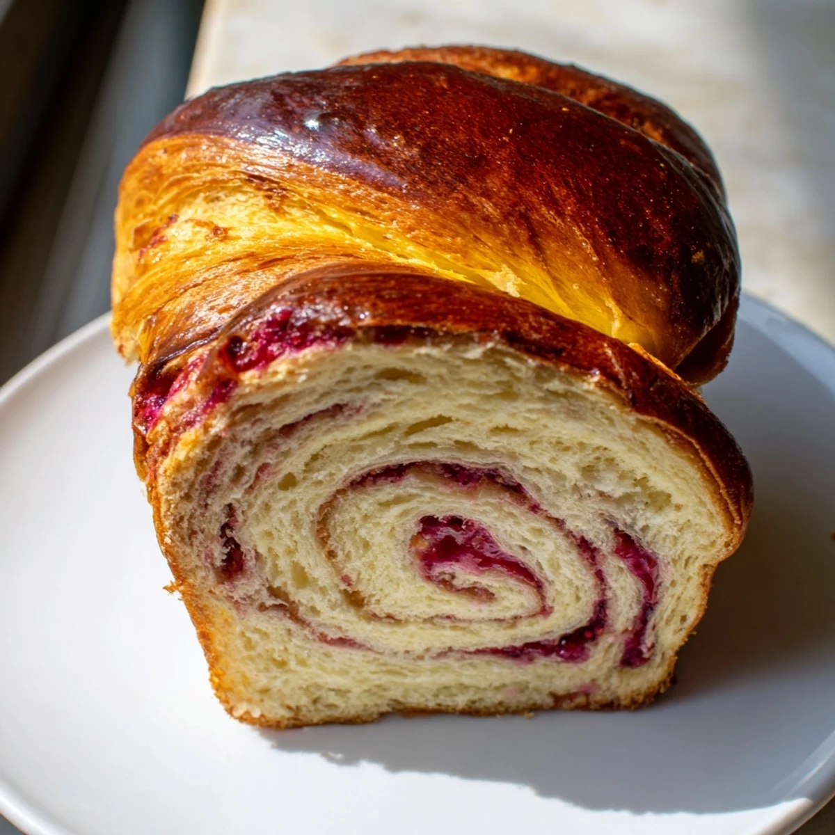 A warm Raspberry Swirl Brioche Loaf resting on a cooling rack with fresh raspberries beside it.