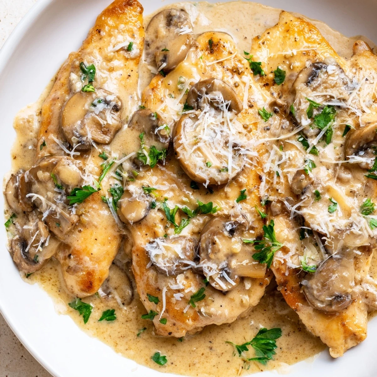 Tender Mushroom Asiago Chicken simmering in a skillet with sautéed mushrooms and melted Asiago cheese sauce.
