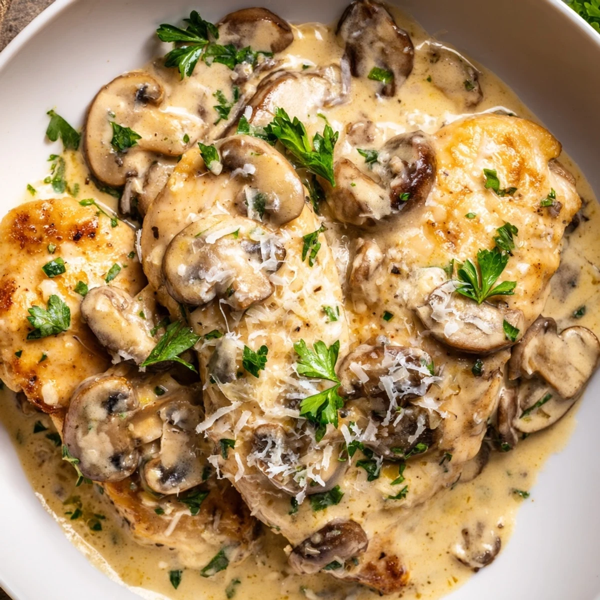 Mushroom Asiago Chicken on a plate with fresh parsley garnish, ready to be served alongside mashed potatoes.