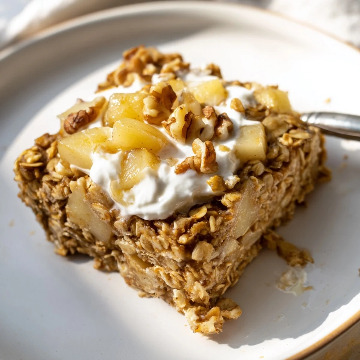 Warm, fragrant Baked Apple Oatmeal With Greek Yogurt emerges from the oven, revealing tender baked oats studded with diced apples and a creamy dollop of Greek yogurt.