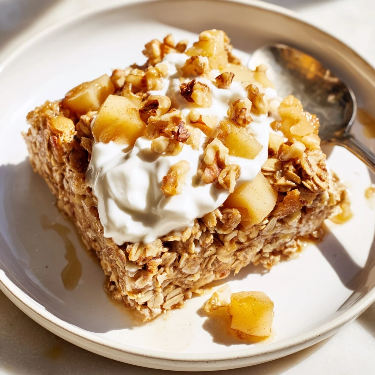 A close-up shows a square of Baked Apple Oatmeal With Greek Yogurt, highlighting juicy apple pieces, warm spices, and a luscious Greek yogurt topping for a wholesome American breakfast.