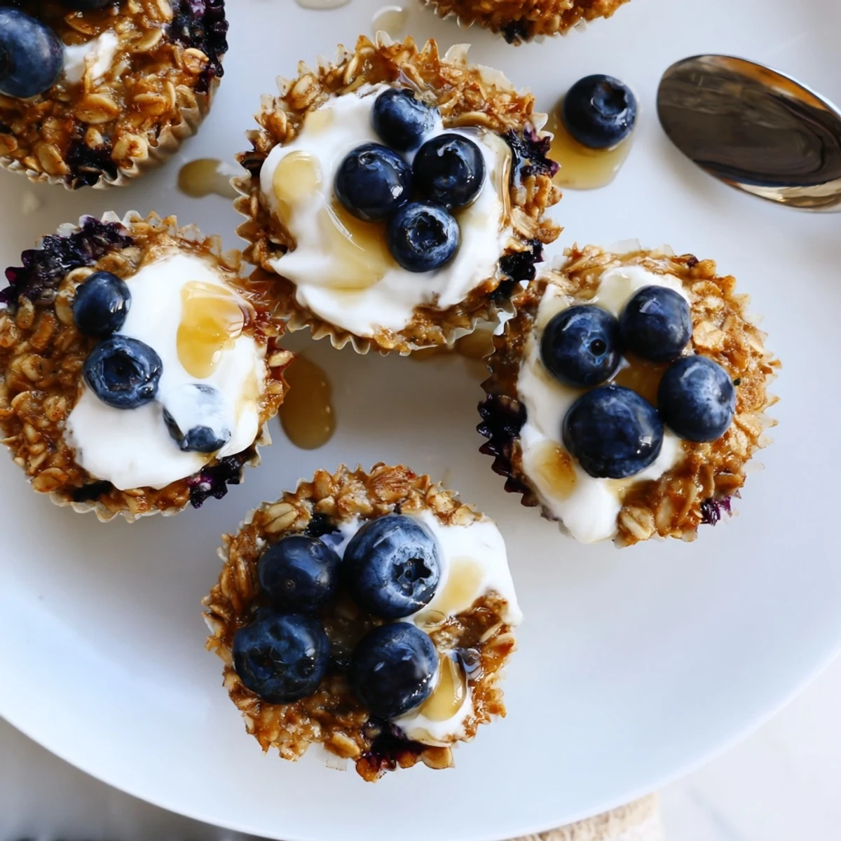 Golden-brown Baked Oatmeal Cups with Greek Yogurt sit cooling on a wire rack, ready for a healthy breakfast snack.