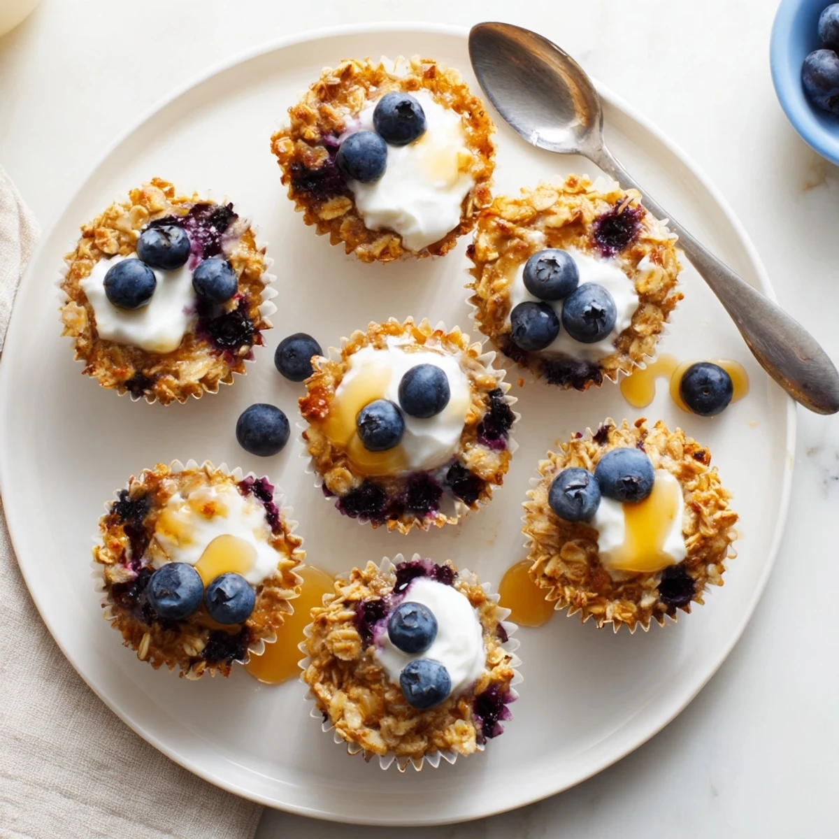 Freshly baked Baked Oatmeal Cups with Greek Yogurt are topped with creamy yogurt and fresh blueberries on a marble counter.