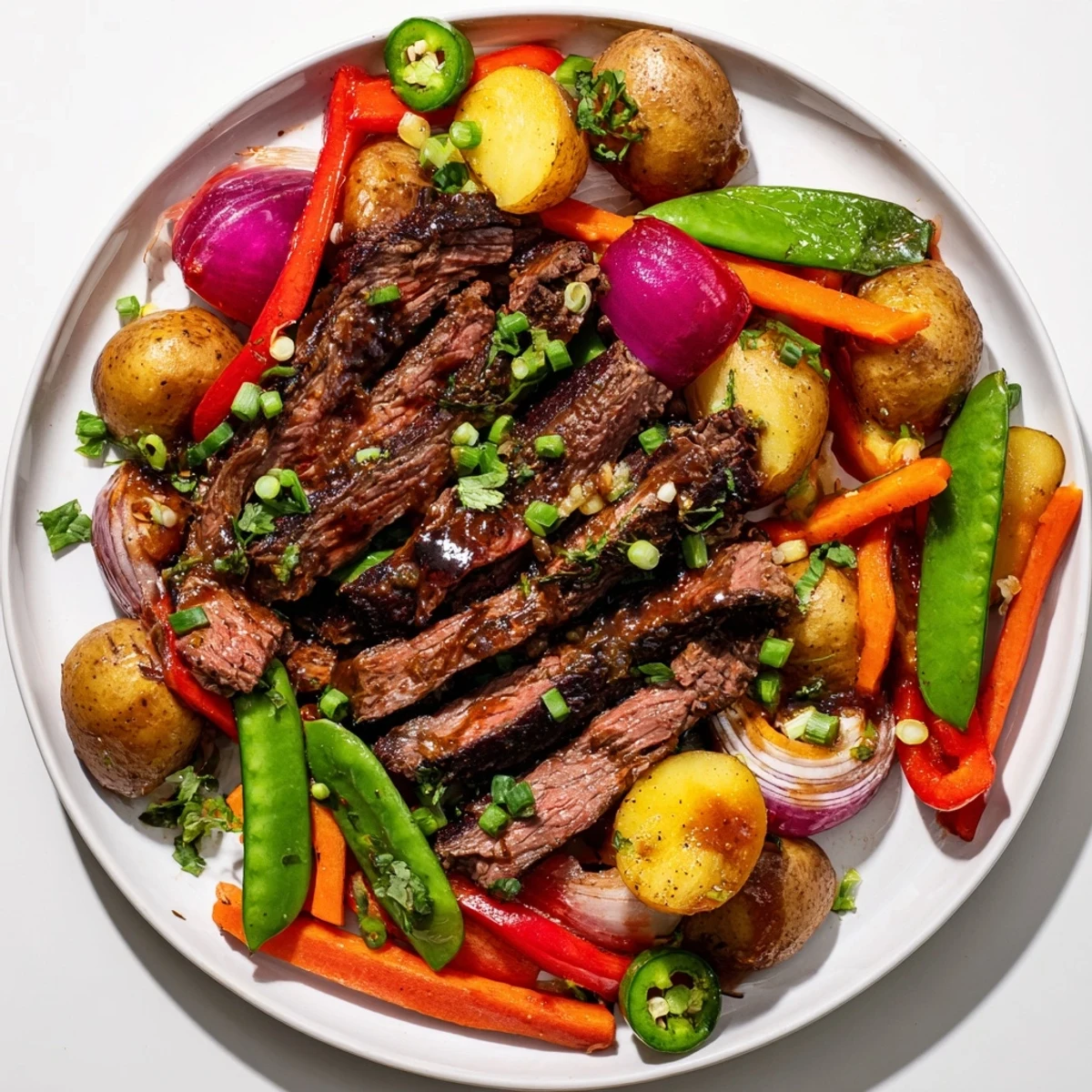 Close up of Blackstone Cowboy Stir Fry Dinner featuring tender beef and crisp vegetables.