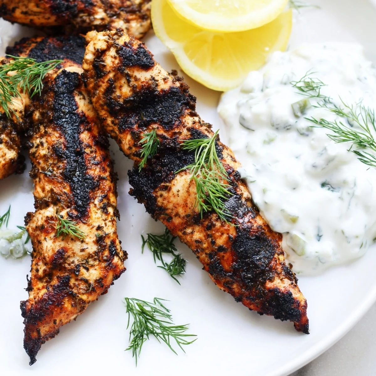 Grilled Greek Chicken Tenders with juicy char marks beside a creamy white yogurt dip and fresh lemon wedges on a rustic wooden board.
