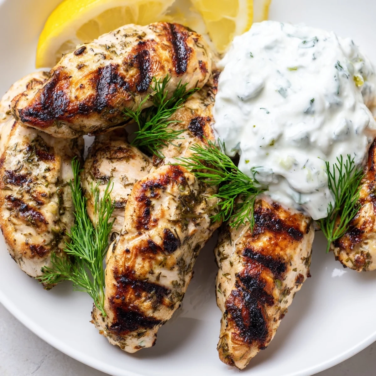 Delicious Greek Chicken Tenders served hot off the grill, garnished with chopped parsley and paired with a refreshing cucumber yogurt sauce.