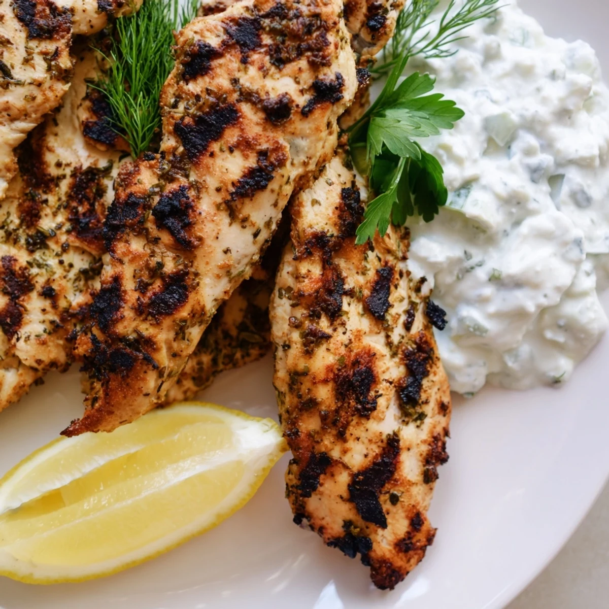 Golden Delicious Greek Chicken Tenders on a platter with lemon wedges, ready to be dipped into a cool, garlicky yogurt sauce.