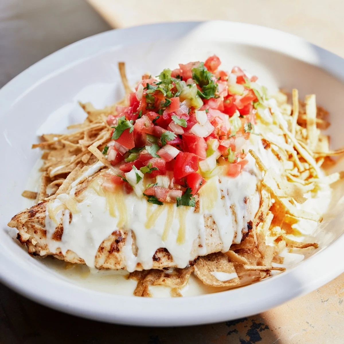 Grilled Fiesta Lime Chicken breasts topped with melted cheese and pico de gallo on a plate.
