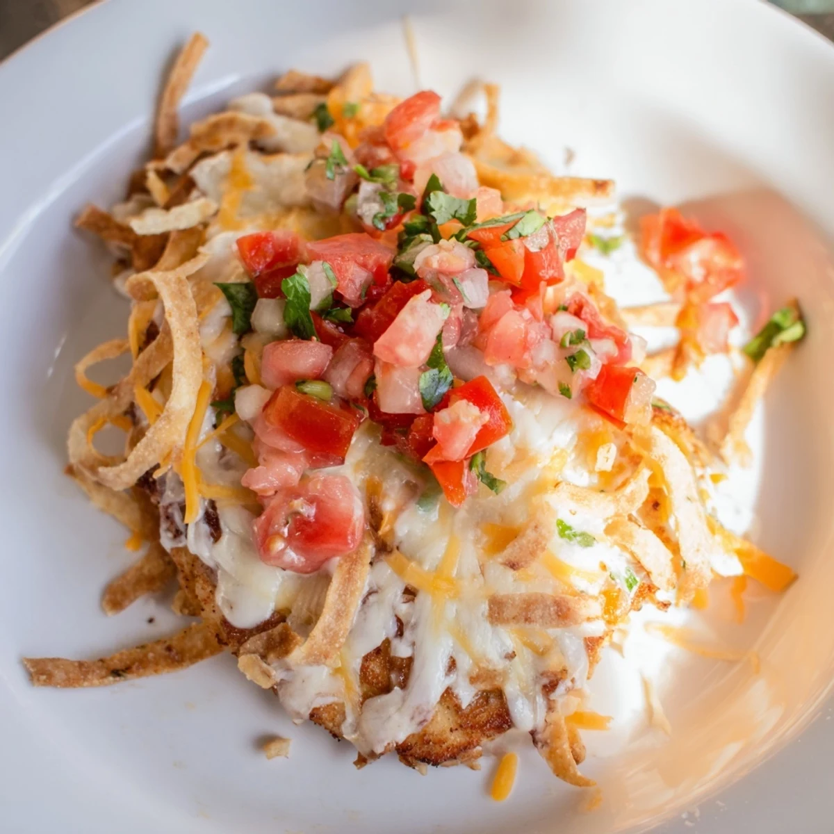 The juicy Fiesta Lime Chicken is garnished with tortilla strips and fresh cilantro for serving.