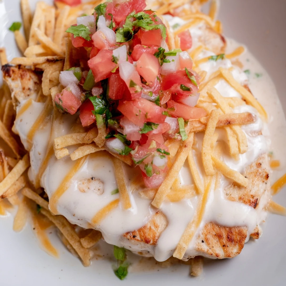 A close-up of Fiesta Lime Chicken featuring melted cheese, Mexi-ranch sauce, and vibrant salsa.