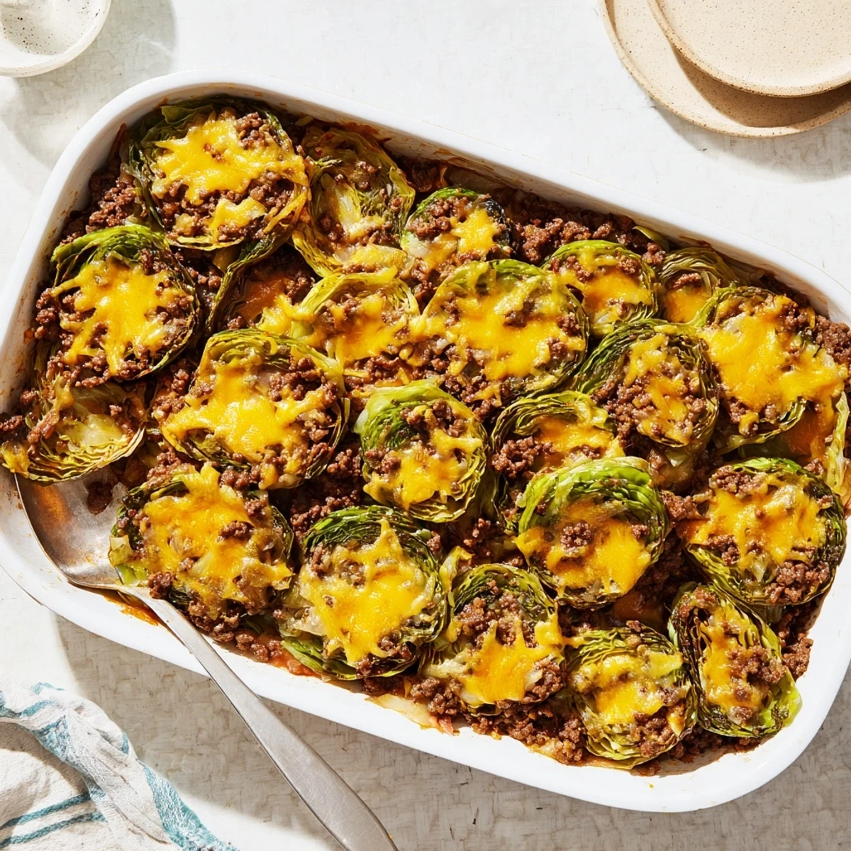 Golden, crispy roasted cabbage layers and savory ground beef topped with melted cheddar in the Easy Crispy Cabbage Burger Bake.