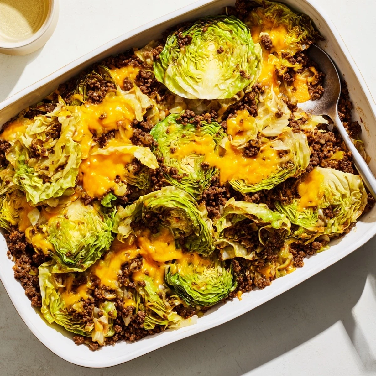 The Easy Crispy Cabbage Burger Bake fresh from the oven with melted cheese and garnished with fresh green onions.