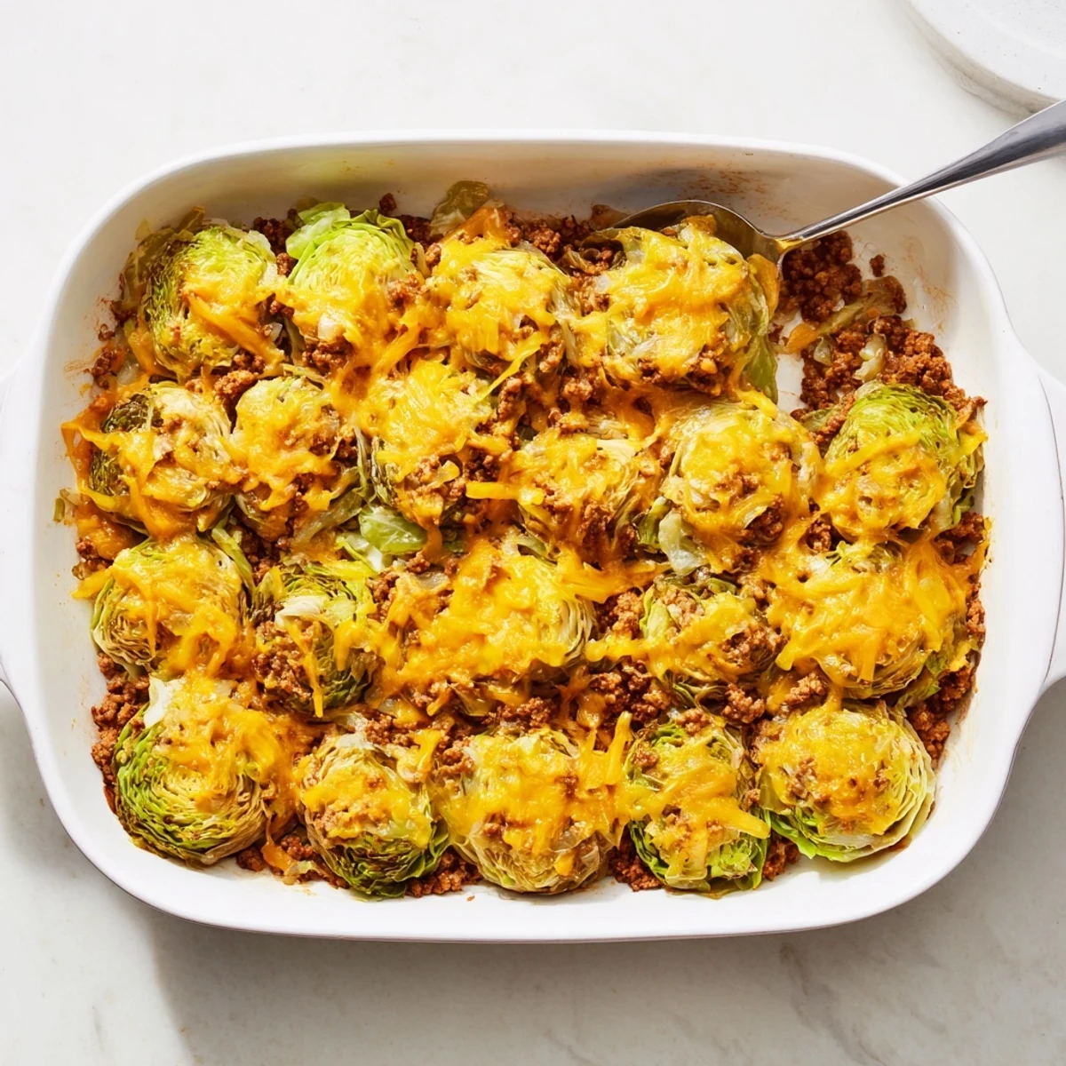 A close-up of the Easy Crispy Cabbage Burger Bake showing golden cheese, roasted cabbage, and a hearty beef filling.