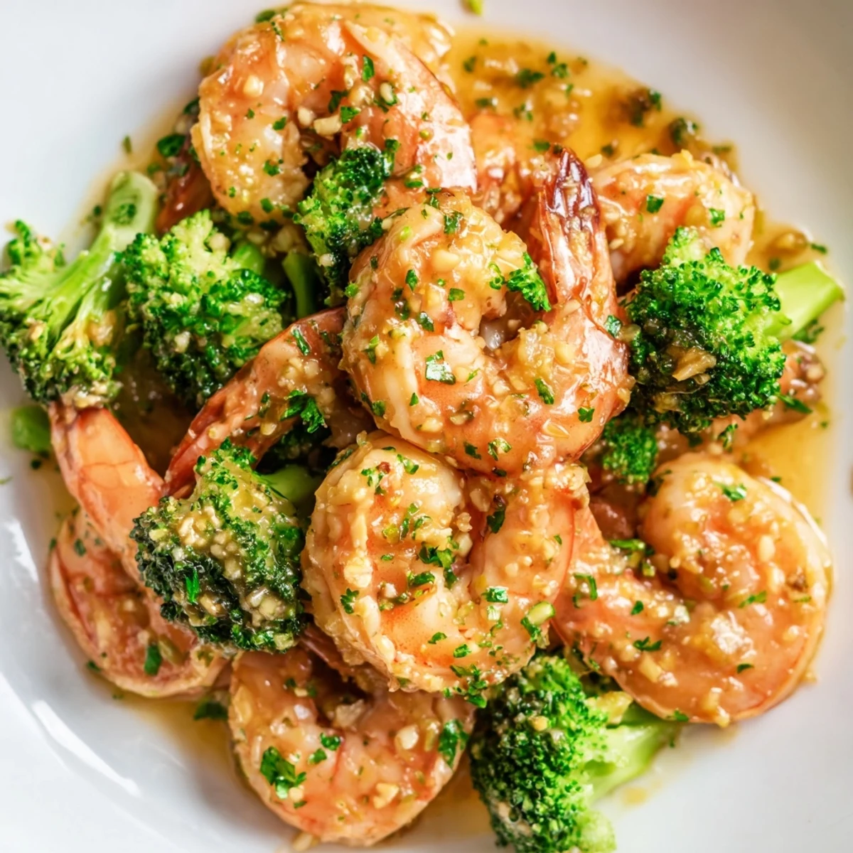A glossy pan of honey garlic butter shrimp and broccoli, perfect for a quick, savory weeknight dinner.
