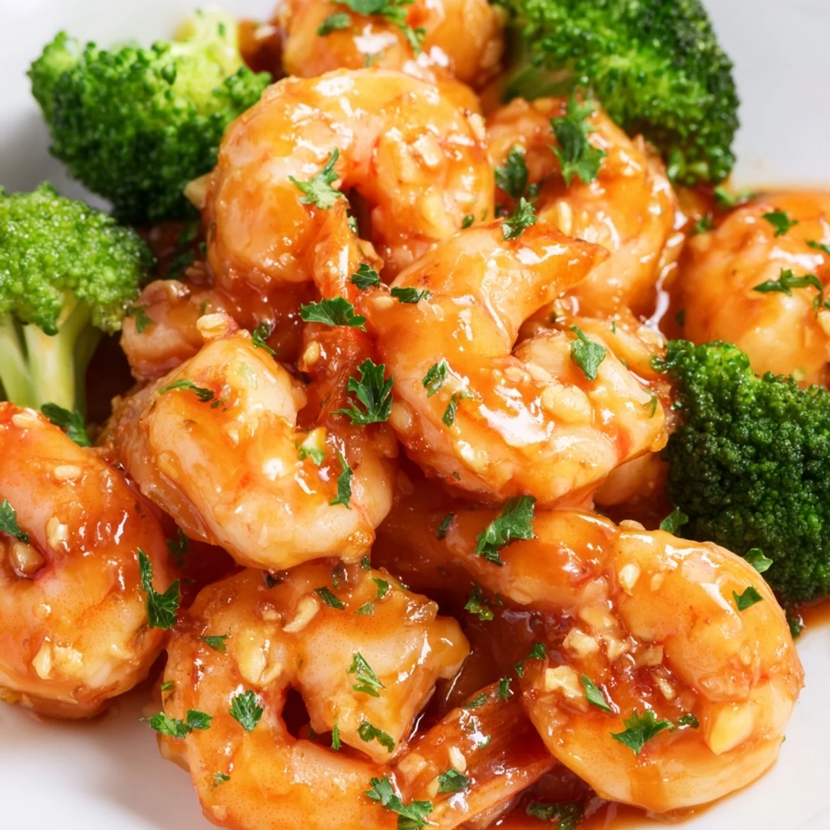 Juicy shrimp and tender-crisp broccoli tossed in honey garlic butter, garnished with fresh parsley and lemon wedges.