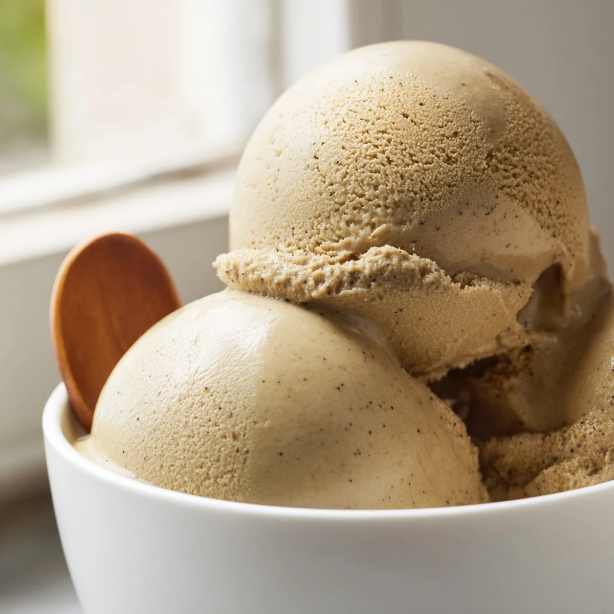 Hojicha Ice Cream rests in a chilled bowl, featuring a smooth, warm brown texture and inviting aroma.