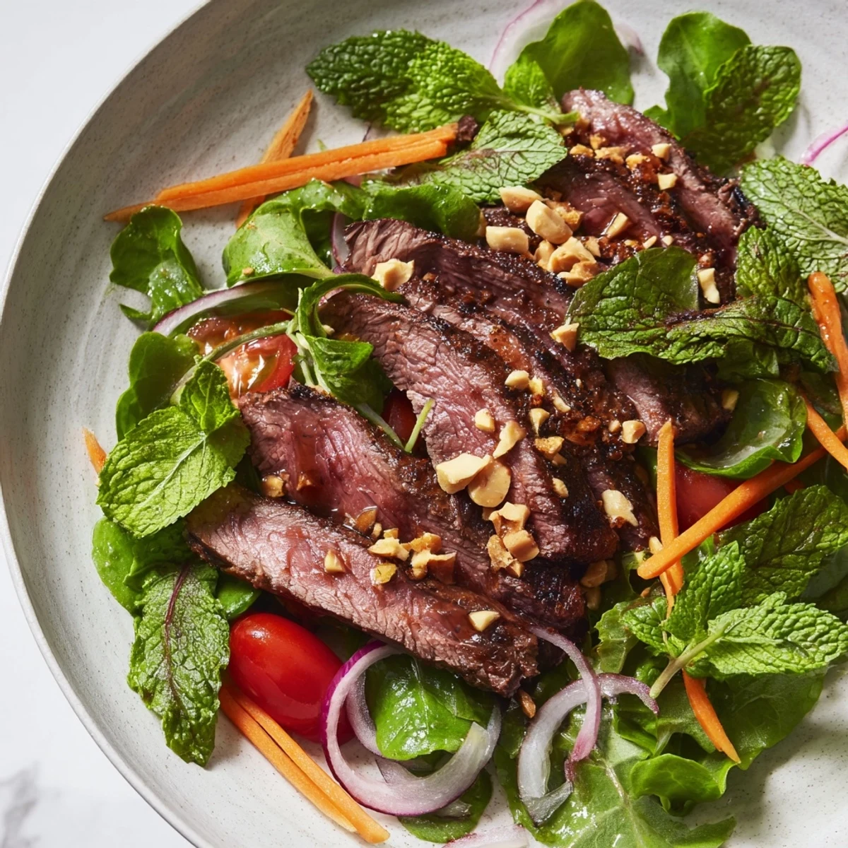 Bright red cherry tomatoes and fresh herbs add color to the Vietnamese Beef and Watercress Salad served on a white plate.
