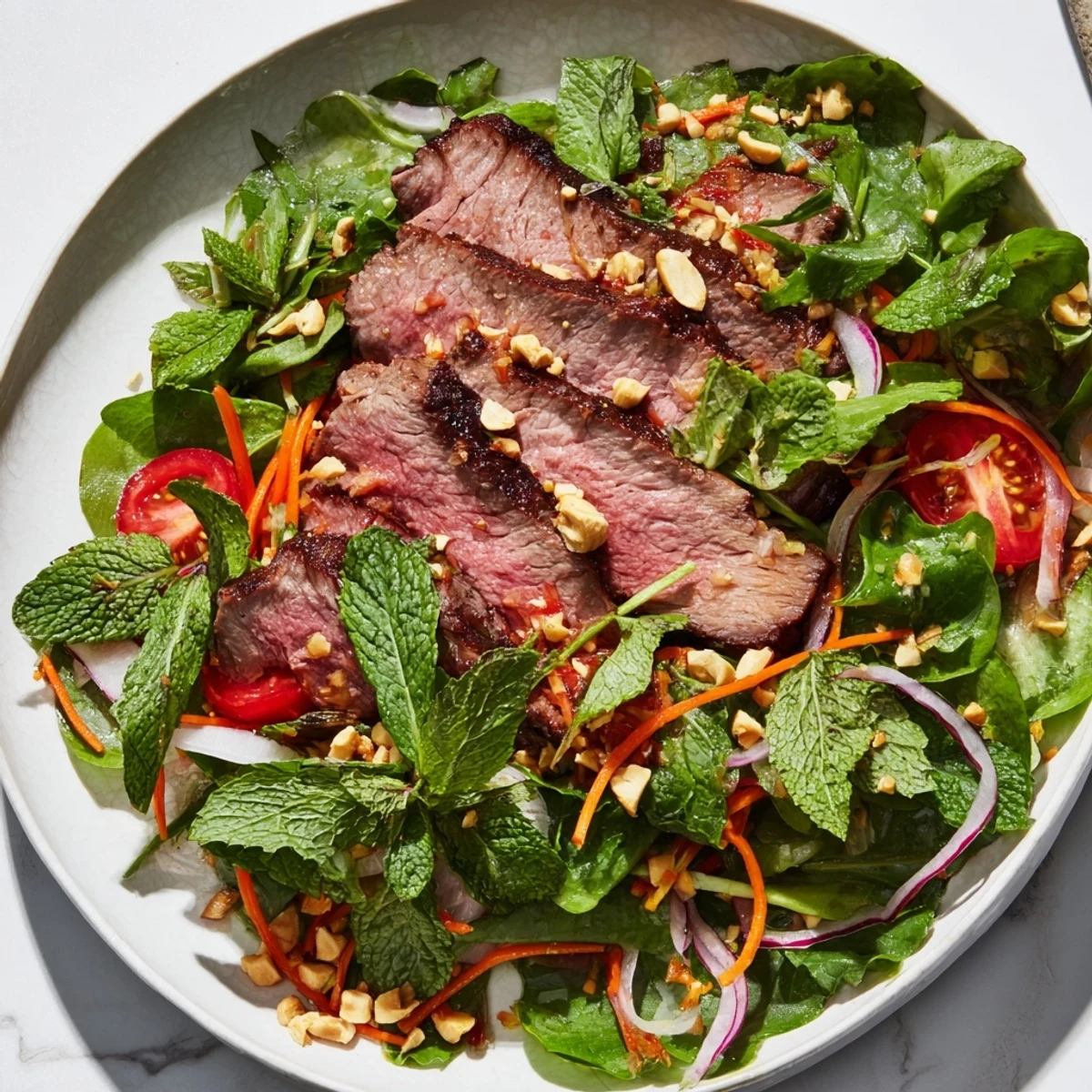 A close-up of the Vietnamese Beef and Watercress Salad shows tender beef and chopped peanuts with a glistening lime dressing.