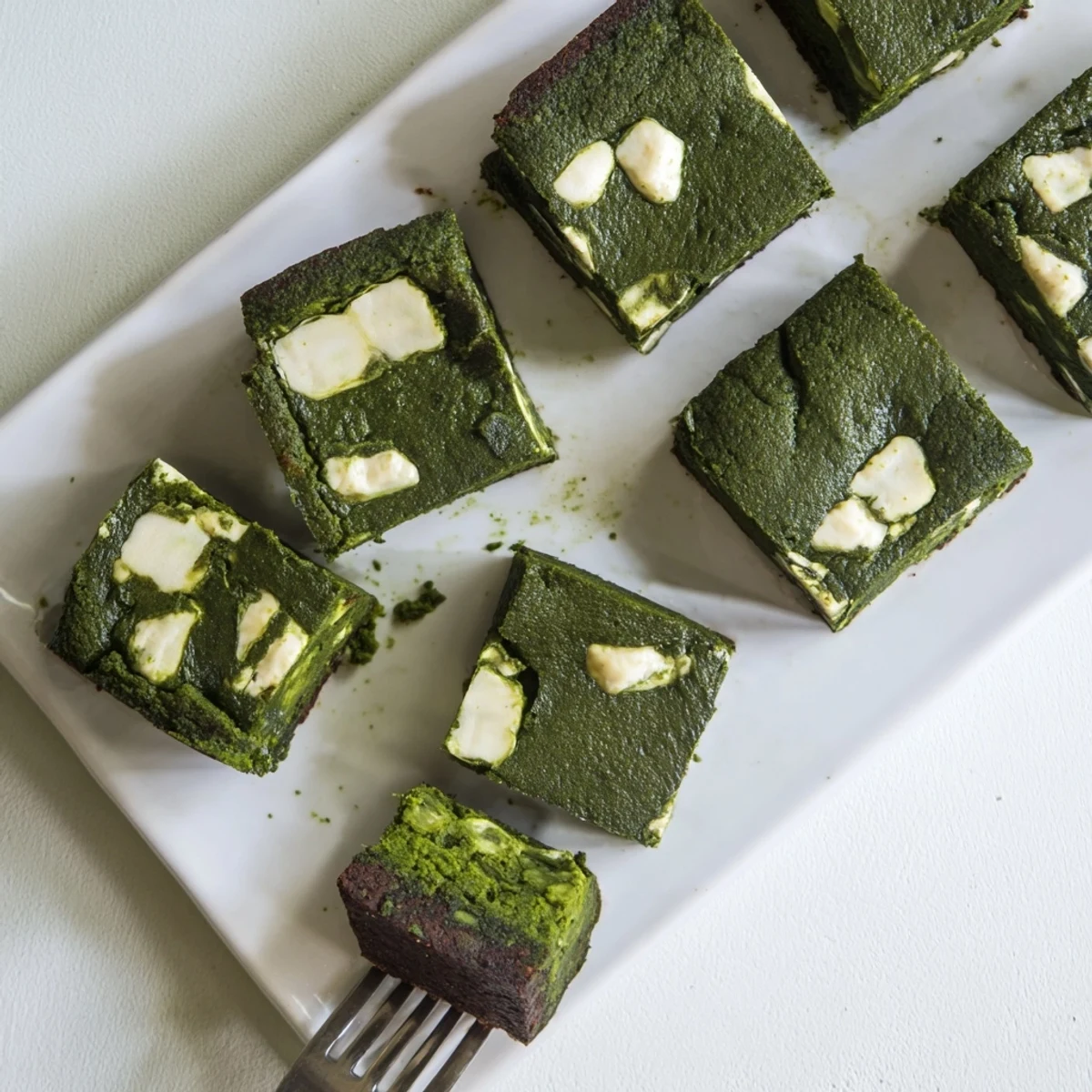 Square Matcha Brownies with creamy white chocolate chunks sit on a wire cooling rack, their vibrant green hue contrasting with pale speckles, a perfect fusion dessert.