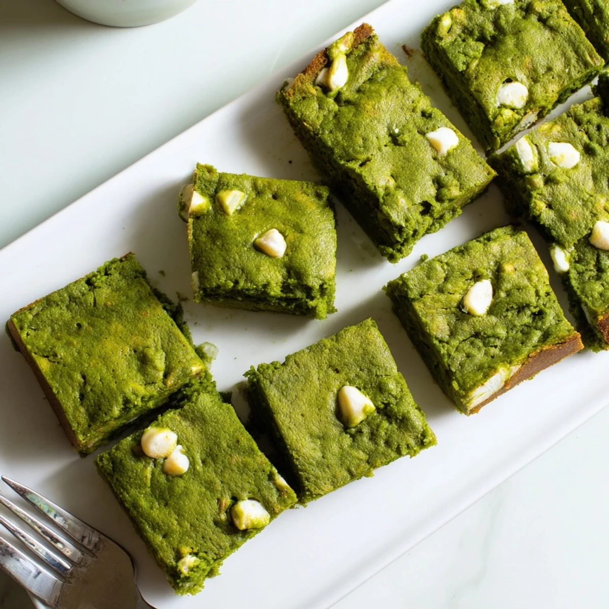 A close-up of Matcha Brownies shows fudgy, moist edges and a tender crumb, ideal for pairing with a cup of hot green tea.
