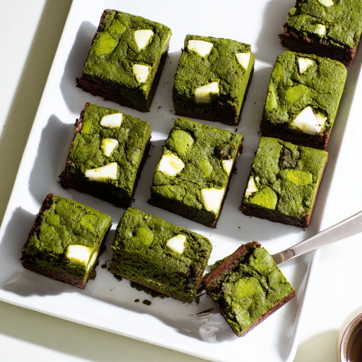 Freshly cut Matcha Brownies reveal a dense, rich interior studded with melted white chocolate, ready to serve on a rustic wooden board.