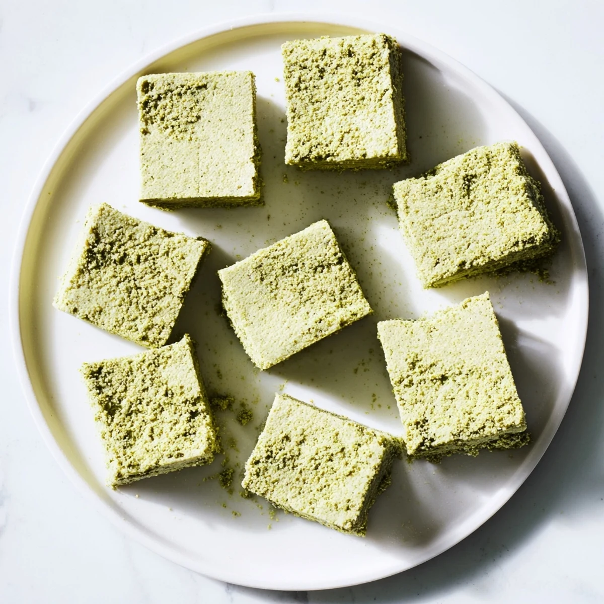 Bright green 5-Ingredient Matcha Halva squares sit on a white plate, showcasing a smooth, fudge-like texture and a dusting of extra matcha powder.