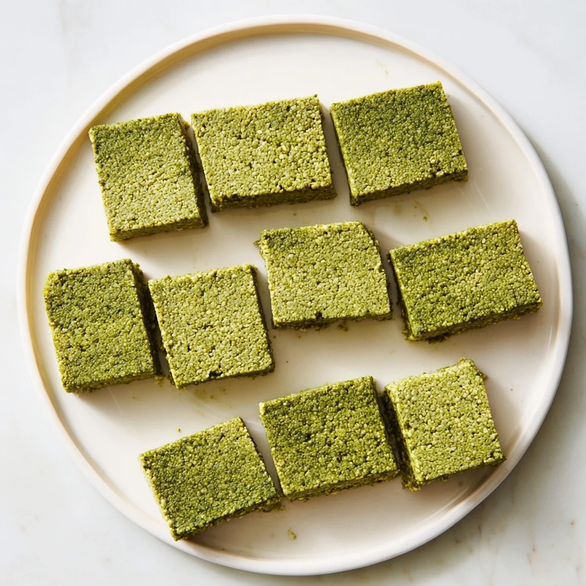A loaf pan filled with 5-Ingredient Matcha Halva shows the easy dessert, cut into neat pieces and garnished with toasted pistachios for crunch.