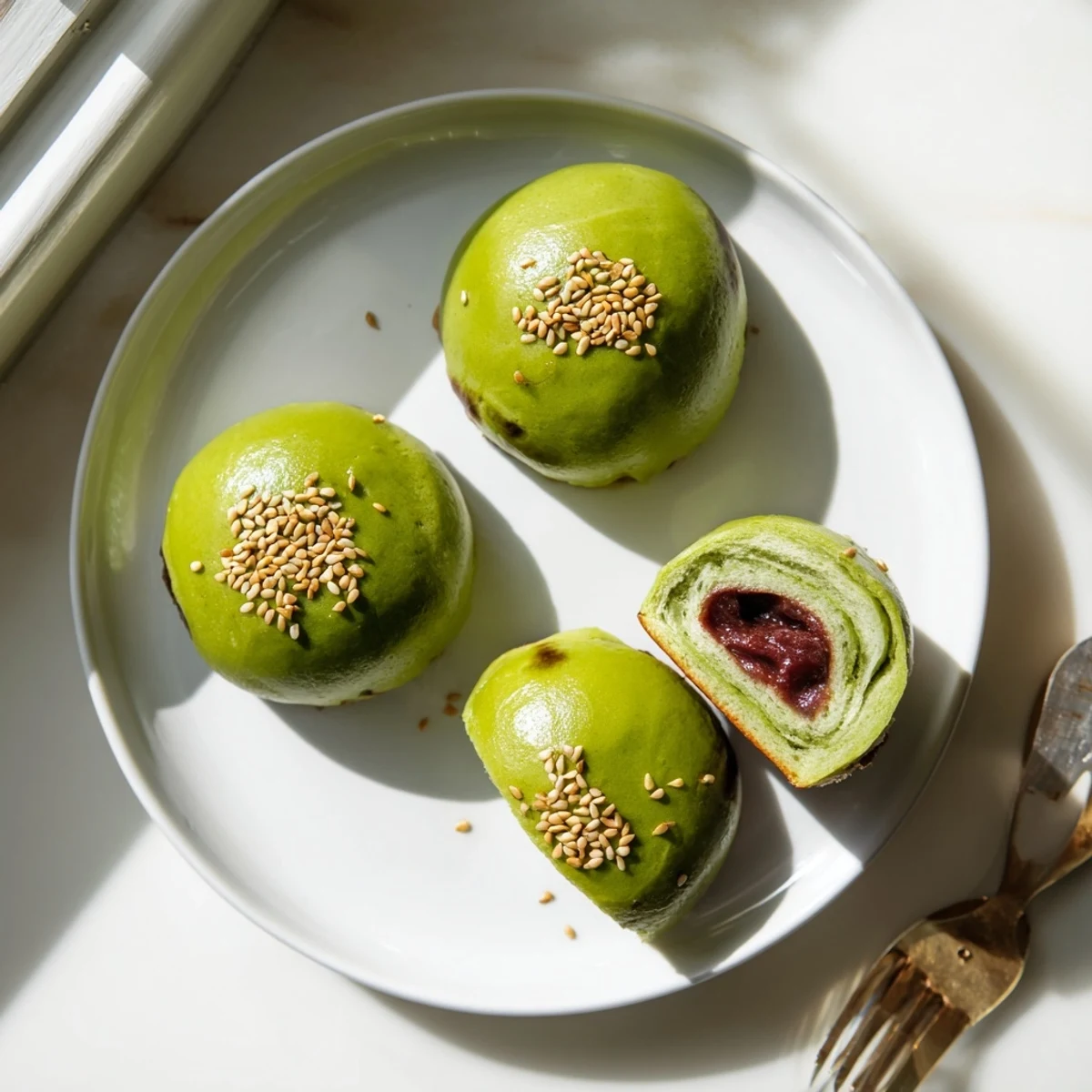 A serving plate displays three warm Matcha Red Bean Buns, perfect for breakfast alongside a steaming cup of green tea.