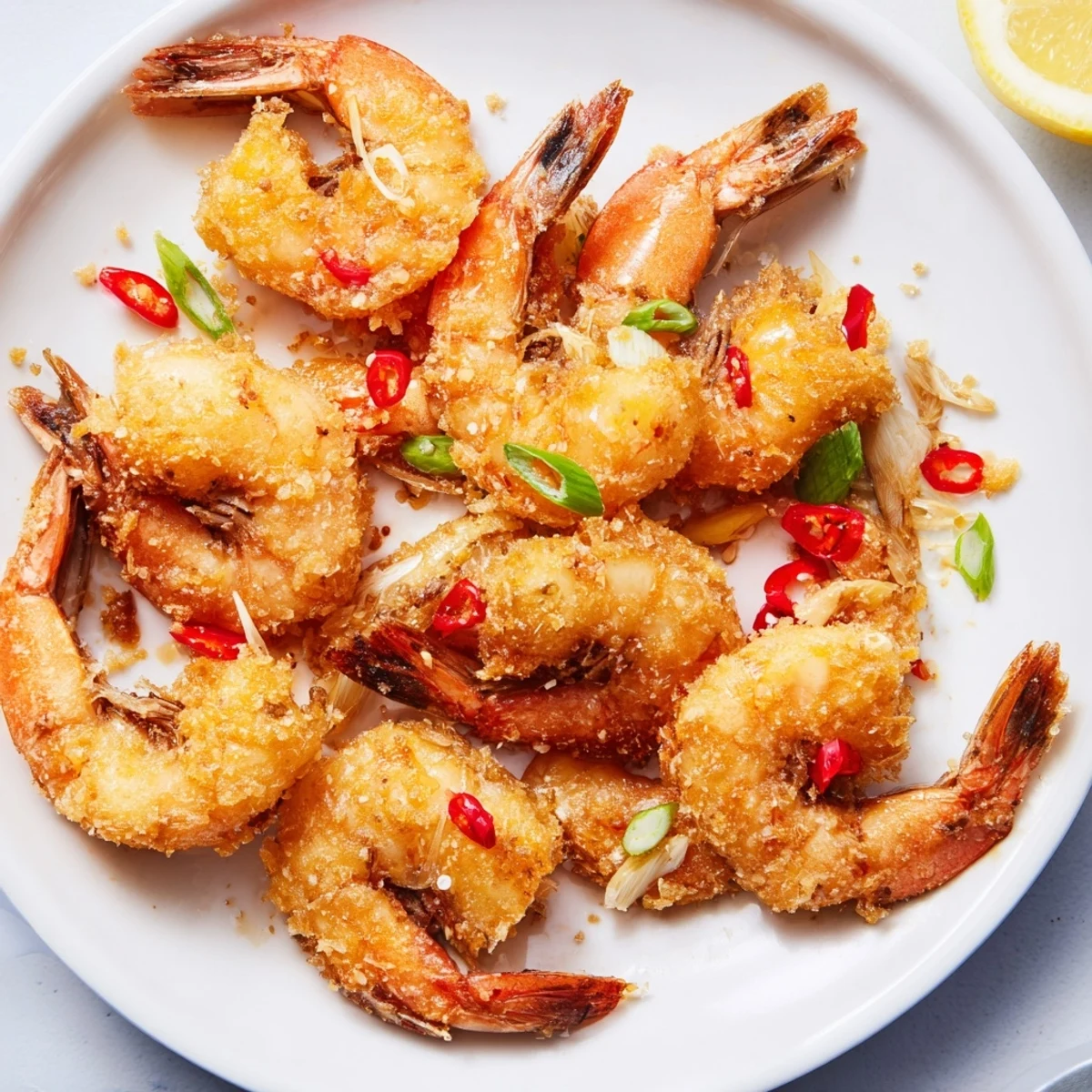 Golden, crispy Salt and Pepper Shrimp fresh from the wok, garnished with scallions and served with lemon wedges.