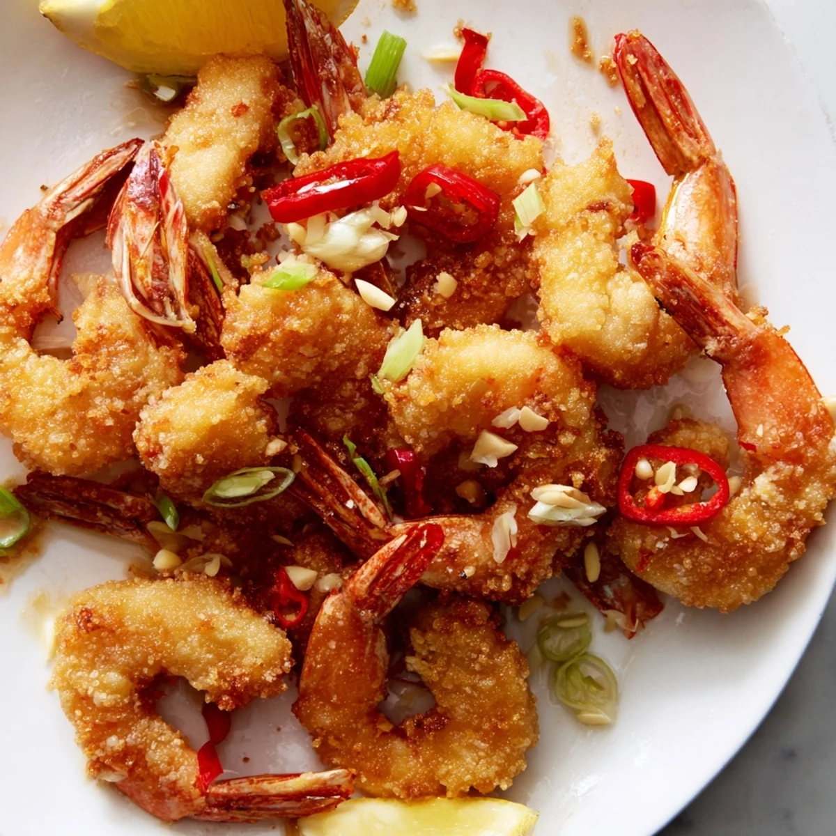 A close-up of Salt and Pepper Shrimp with visible garlic and chili, highlighting the aromatic spices and crunchy texture.
