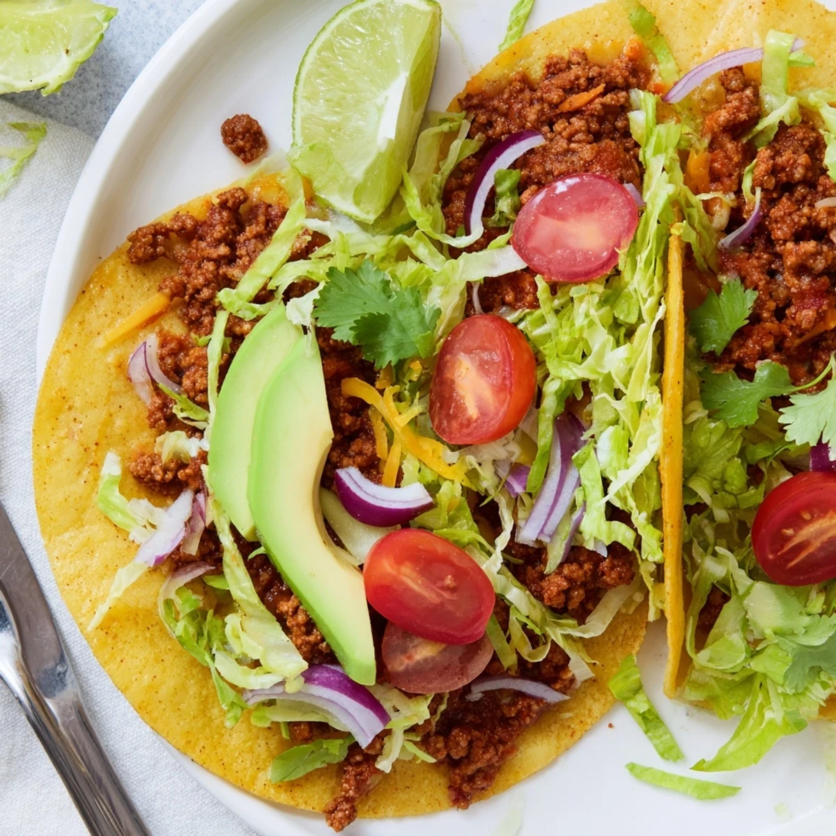Easy weeknight Vegetarian Ground Beef Tacos garnished with red onion, cilantro, and creamy avocado slices on a wooden table.