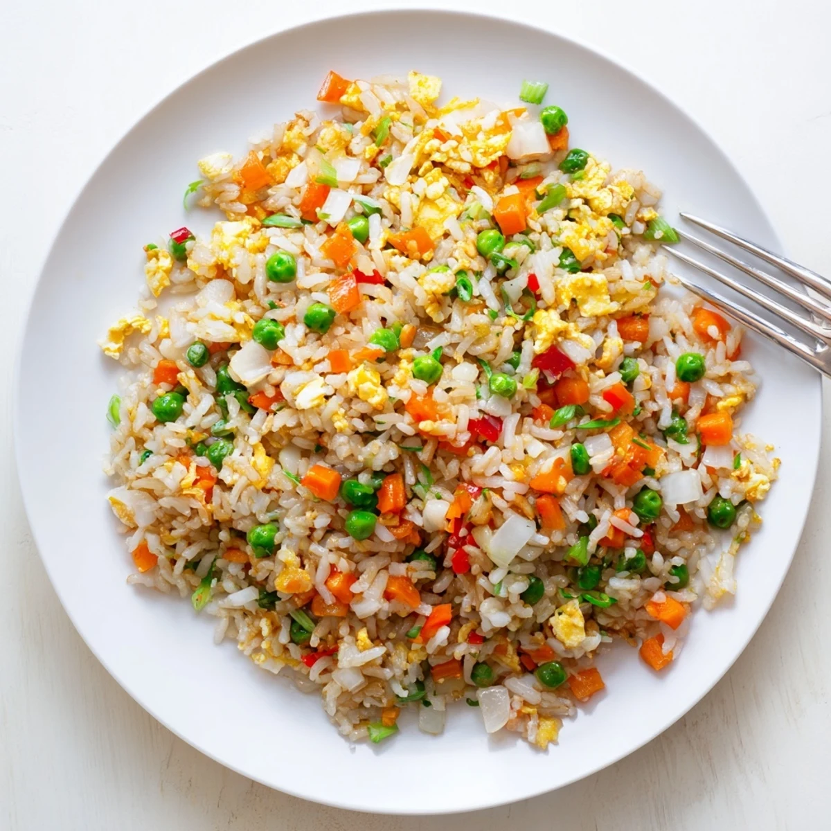 A steaming wok holds stir-fried peas, carrots, and savory soy-seasoned Fried Rice, garnished with fresh green onion slices.  