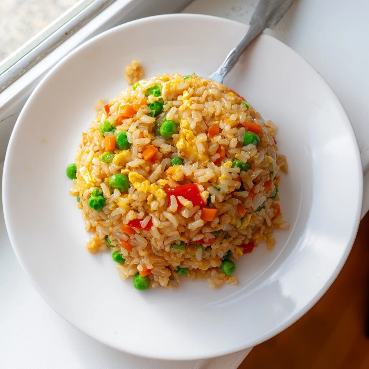 Colorful vegetables and tender chicken mingle in a skillet of Fried Rice, glistening with sesame oil for an appetizing meal.