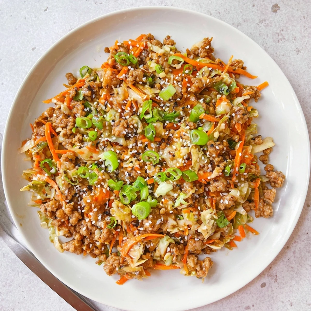 Spicy Egg Roll In A Bowl garnished with green onions and sesame seeds, ready to be served hot from the pan.