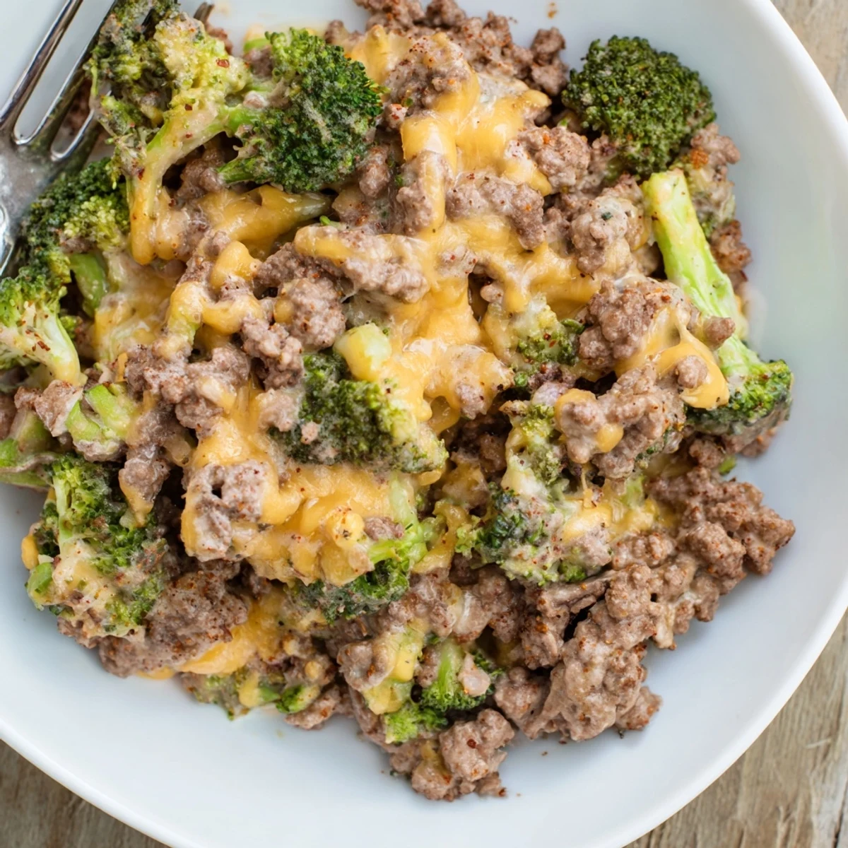 A close-up of Keto Hamburger Broccoli Skillet bubbling with melted cheddar cheese in a cast iron pan.