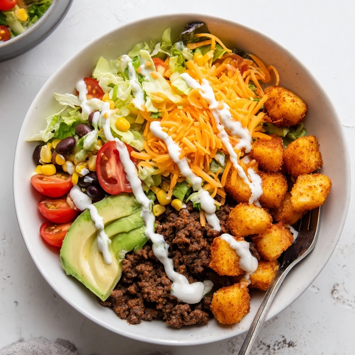 Loaded Potato Taco Bowl features layers of savory ground beef and crunchy lettuce alongside roasted potatoes and zesty sour cream sauce.