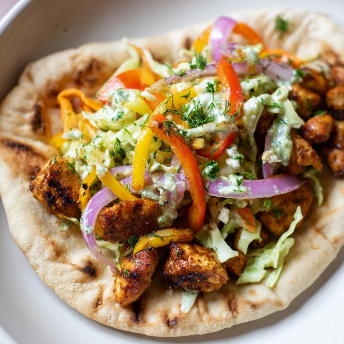 Golden roasted chicken and colorful bell peppers spill from a warm pita bread, topped with a creamy fresh herb ranch slaw for a quick and vibrant meal.