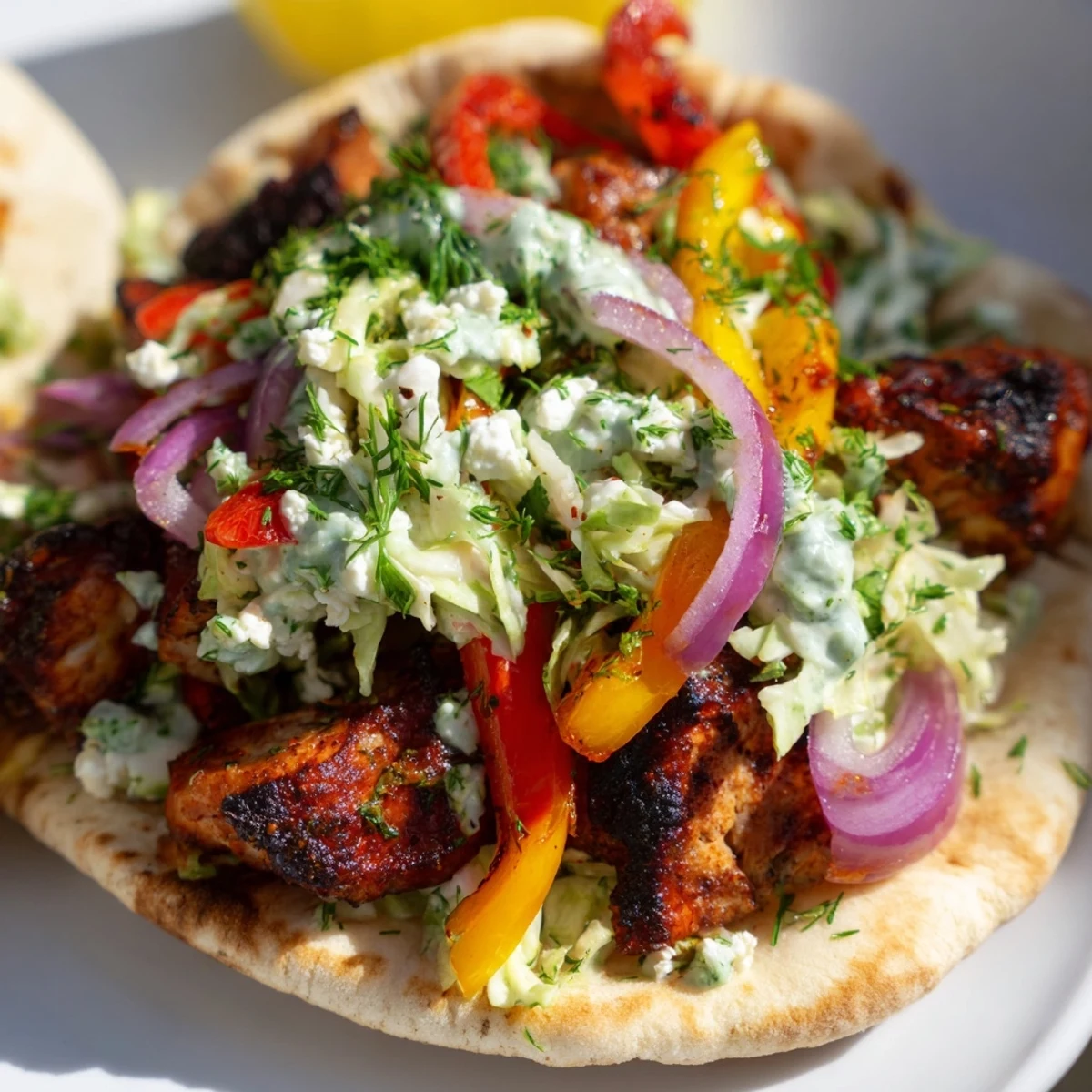 In a close-up view, the juicy chicken and crunchy vegetables peek out of the pita alongside the bright green slaw.