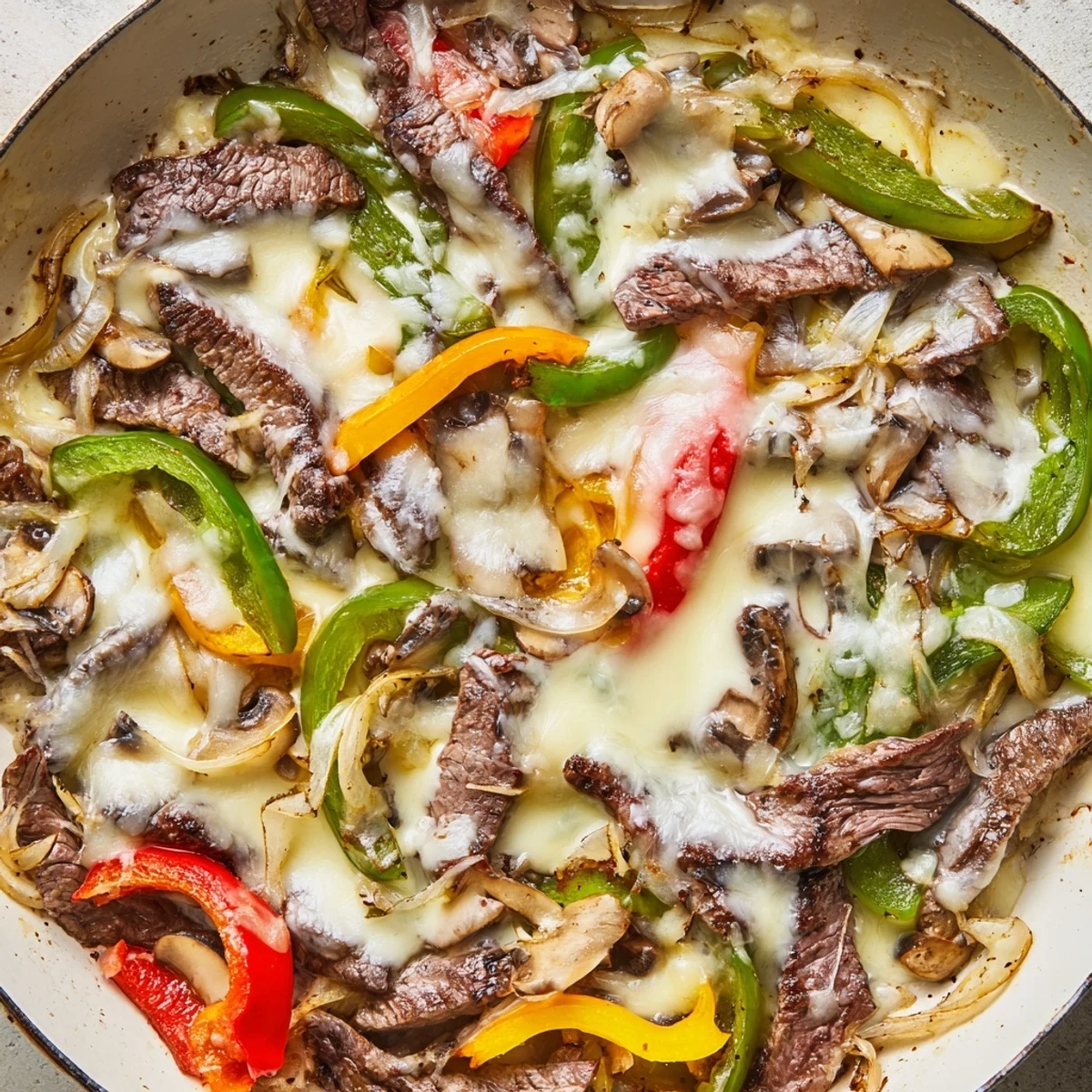 Golden-brown sliced ribeye steak, sautéed bell peppers, onions, and mushrooms simmering in a creamy, melted cheese sauce in the skillet for the Creamy Keto Philly Cheesesteak Skillet, garnished with parsley.