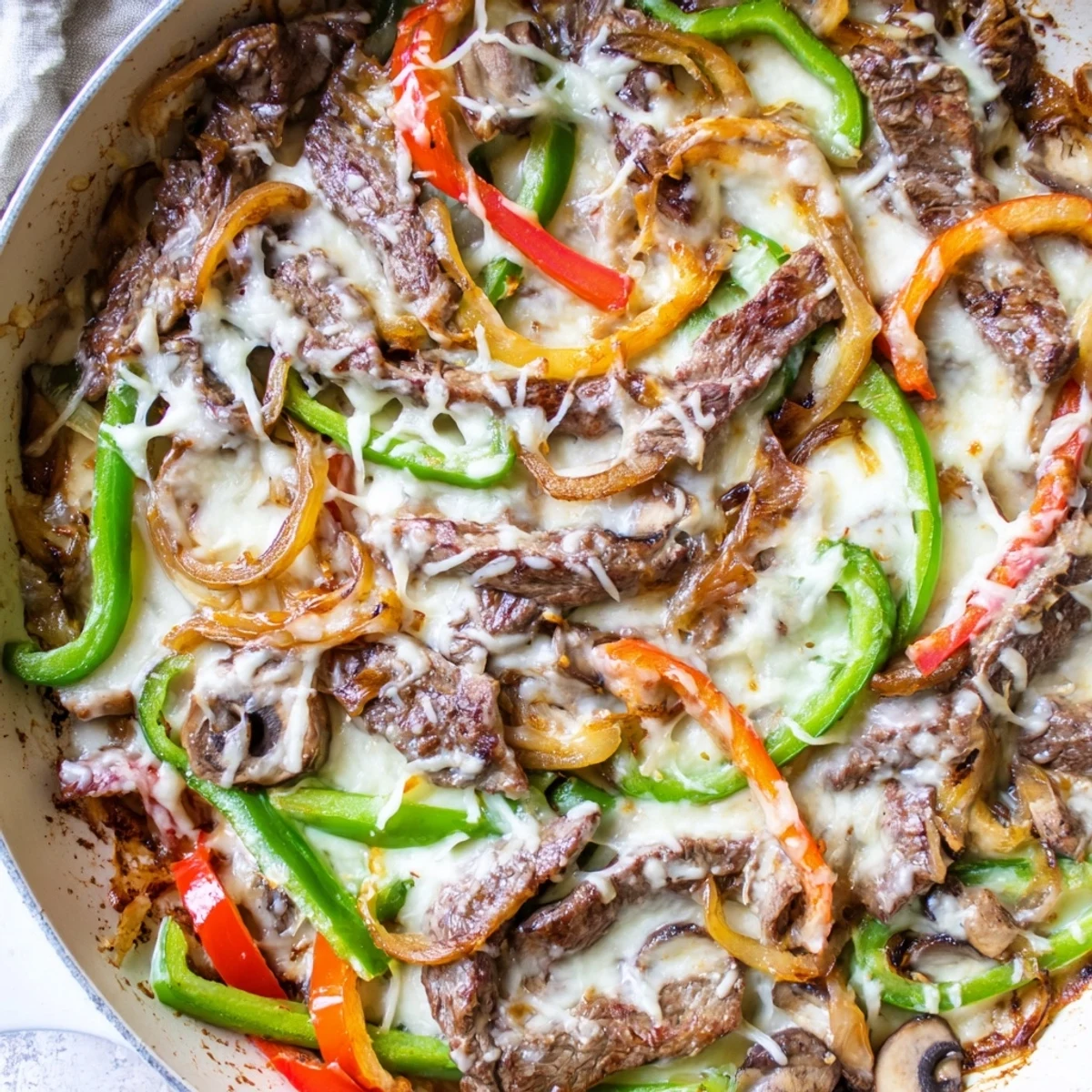 A close-up view of the Creamy Keto Philly Cheesesteak Skillet featuring tender beef, vibrant red and green peppers, and a rich, bubbly provolone topping perfect for a low-carb dinner.