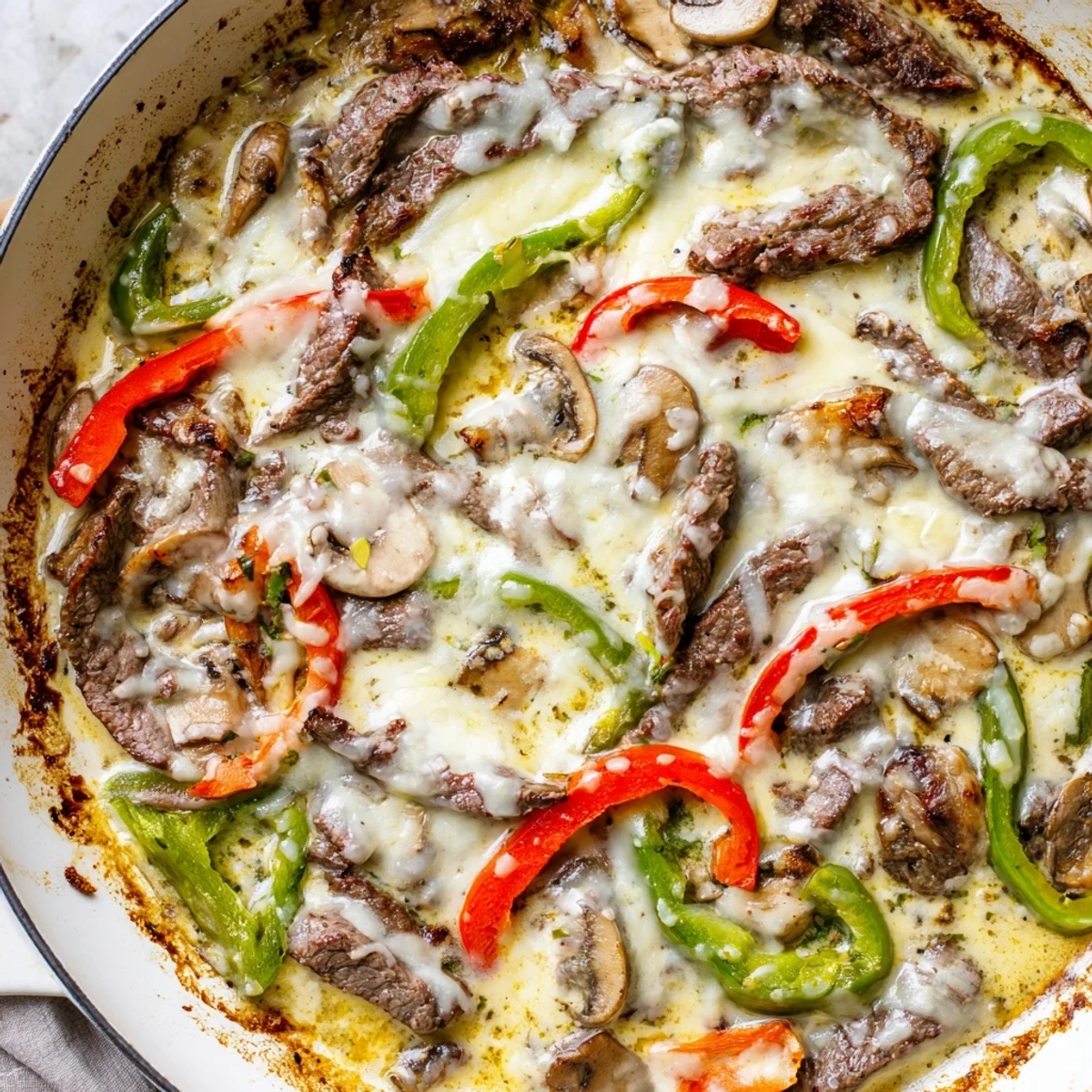 Steam rises from a sizzling skillet of Creamy Keto Philly Cheesesteak, mixing savory beef and vegetables in a creamy sauce, ready to be served with a side of cauliflower rice.