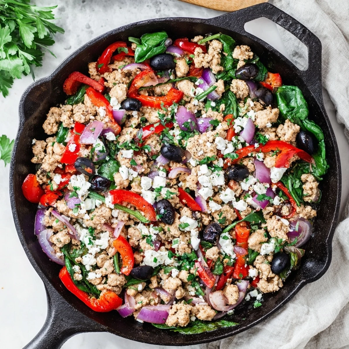 Healthy Mediterranean Keto Skillet with Ground Chicken, Olives & Feta served over cauliflower rice for a low-carb dinner.  