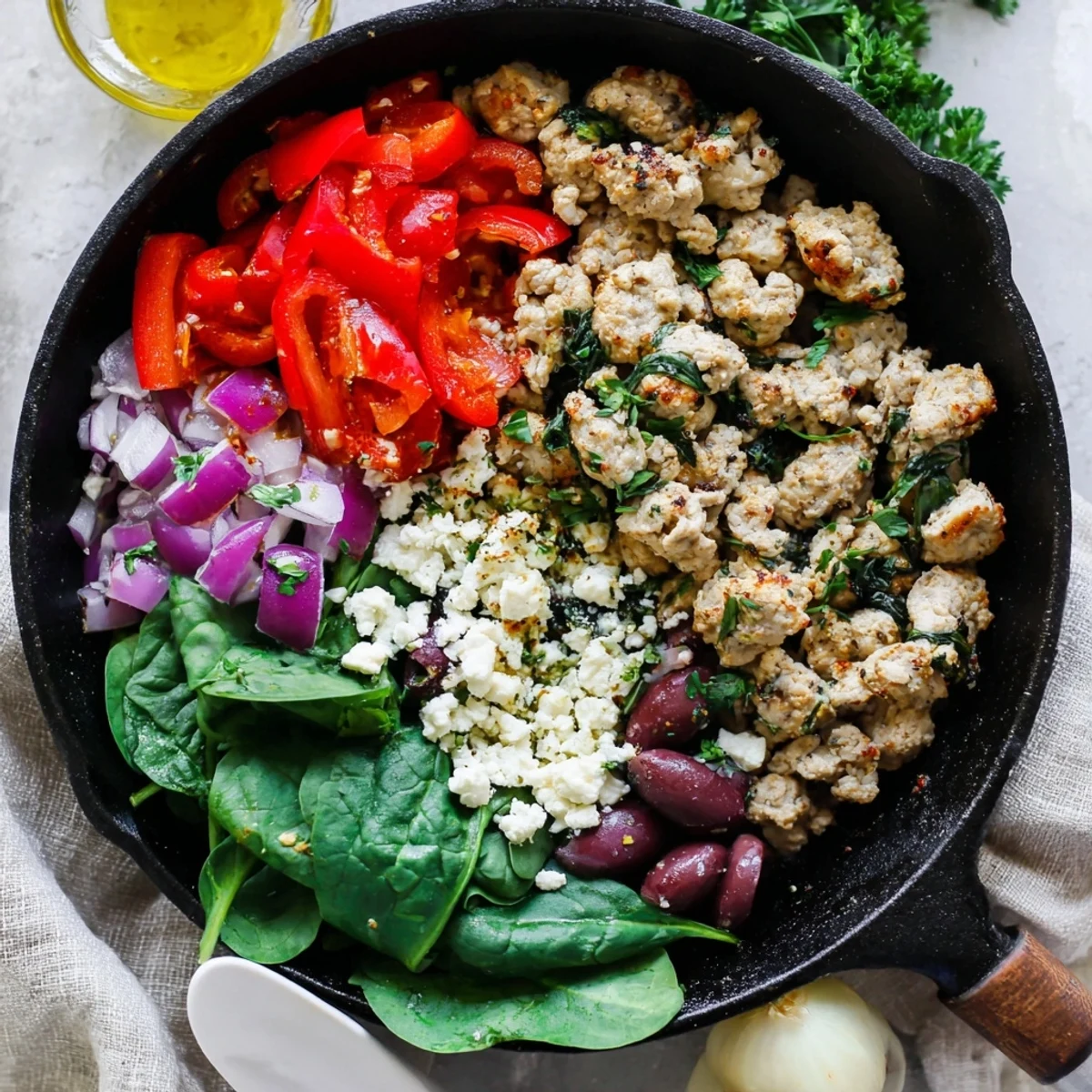 Sizzling Mediterranean Keto Skillet with Ground Chicken, Olives & Feta shows juicy tomatoes and briny olives in one pan.