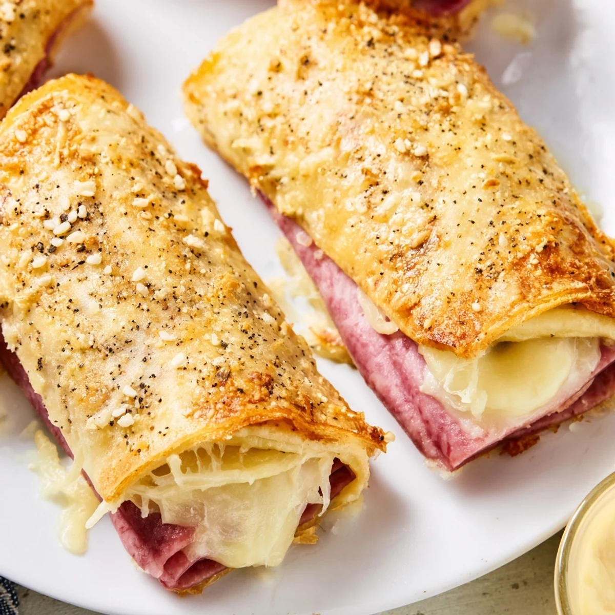 Tasty Keto Crispy Reuben Roll Ups feature seasoned corned beef and sauerkraut wrapped in golden cheese, served with a side of sugar-free dressing.