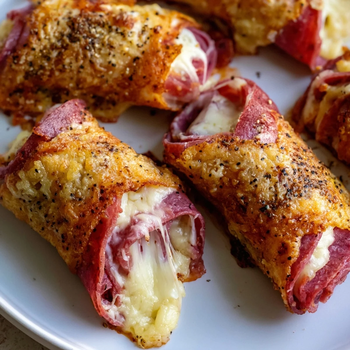 Golden brown Keto Crispy Reuben Roll Ups are baked on a sheet pan, filled with melted Swiss cheese, corned beef, and tangy sauerkraut.