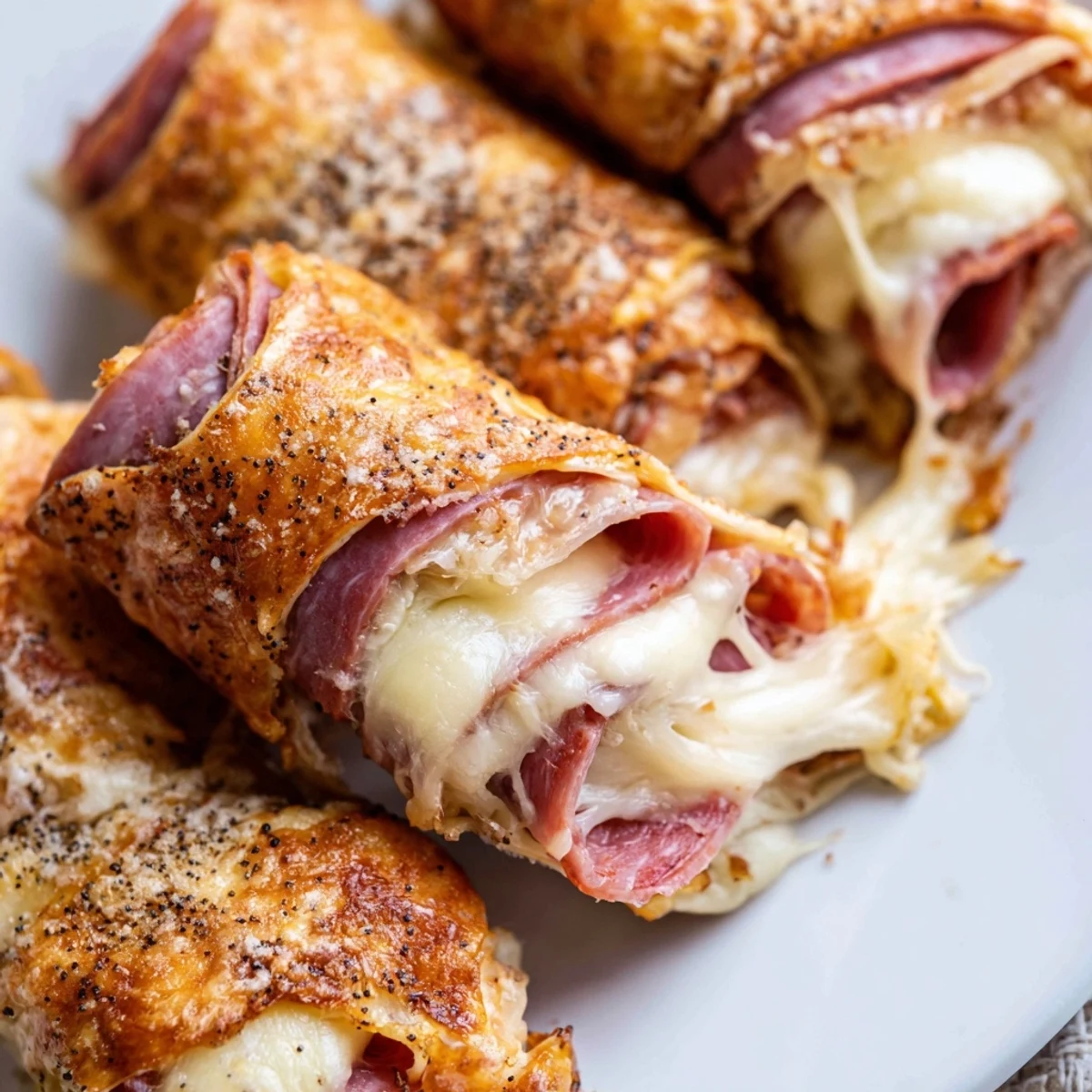 Freshly baked Keto Crispy Reuben Roll Ups with crispy edges and melted Swiss cheese sit on a plate, ready to be dipped in dressing.