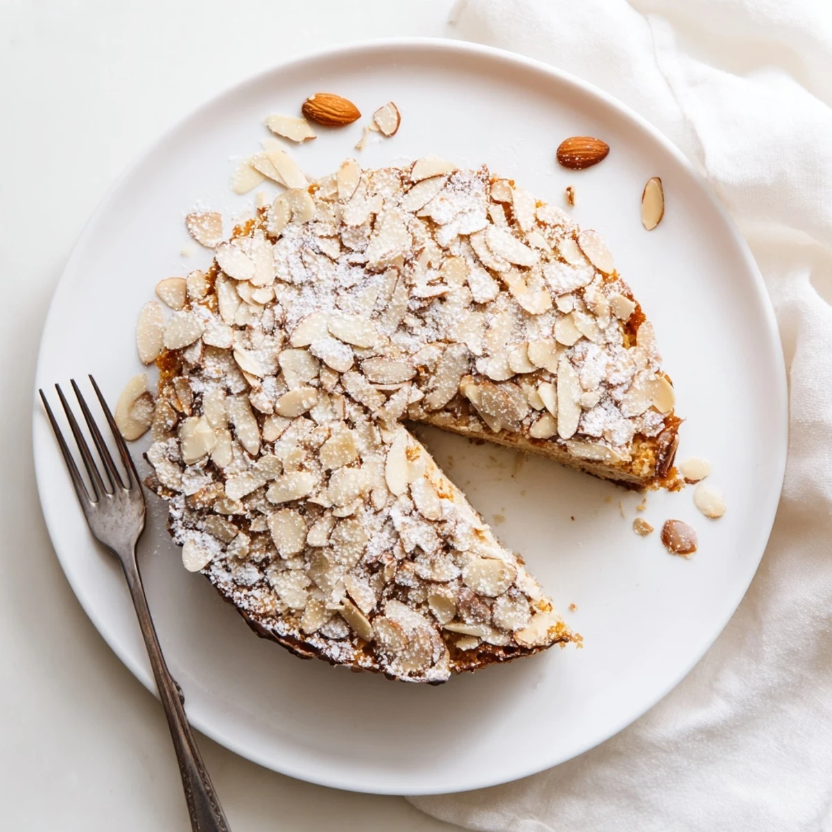 Freshly baked almond cake with golden sliced almonds on top, ready to serve.