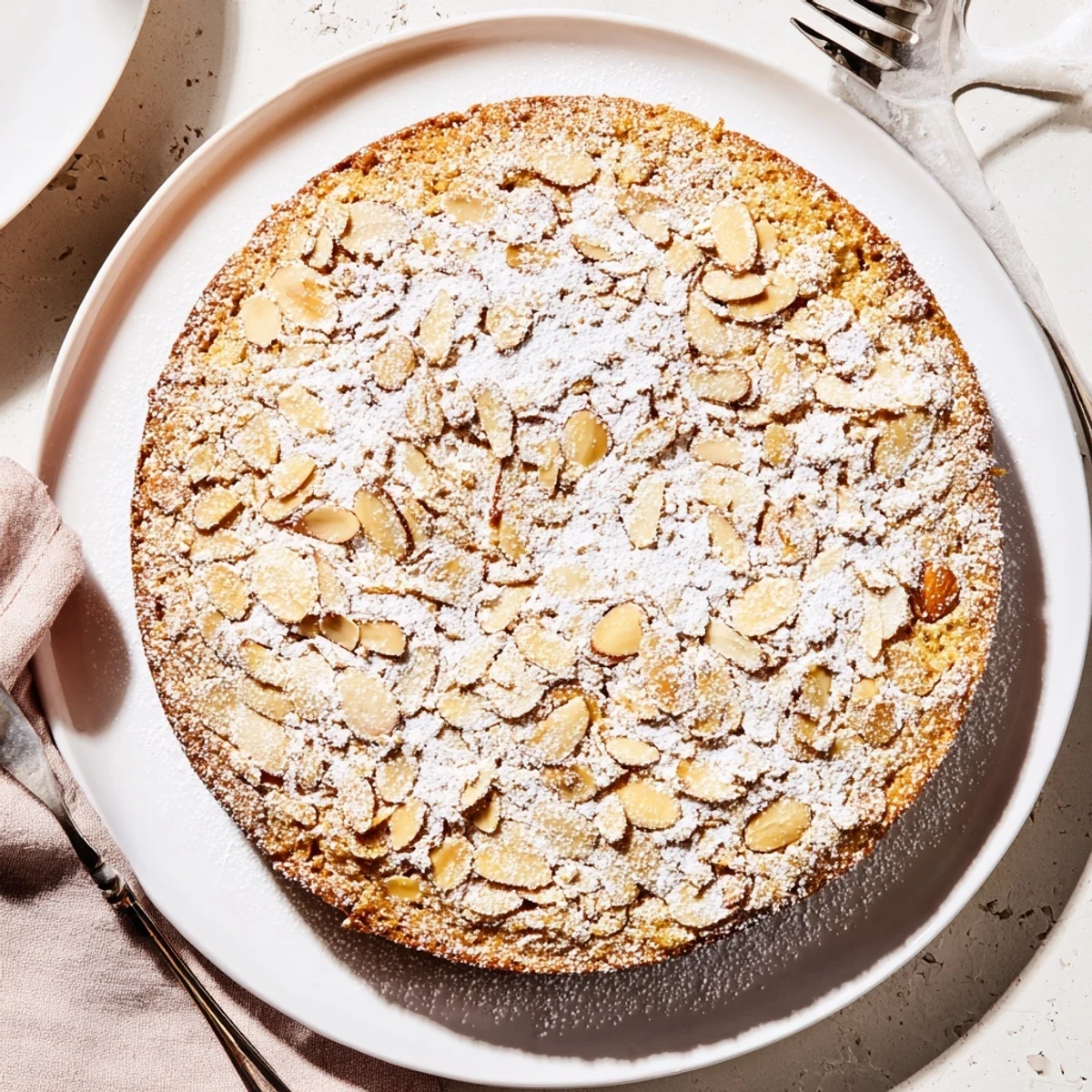 A moist almond cake slice on a plate with fresh berries and whipped cream.